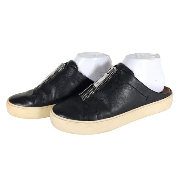 Frye women's Lena Zip US 7,5M Black Leather Slip On Flat Mules Sneakers Shoes - Picture 1 of 13